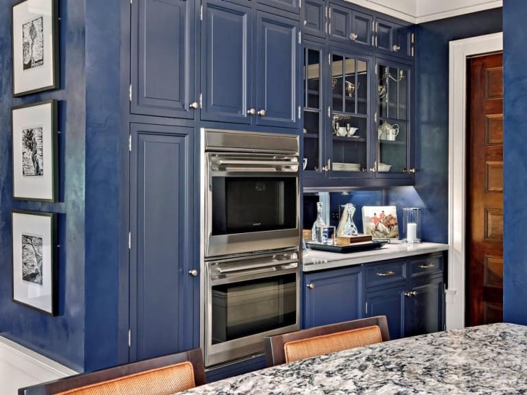 Classic, Yet Modern with Calming Blue Cabinets